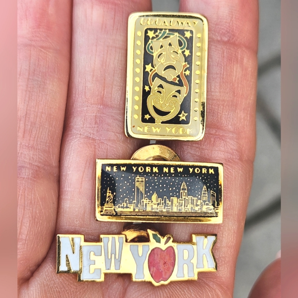Trio of NYC Gold Tone Resin & Enamel Lapel Pins